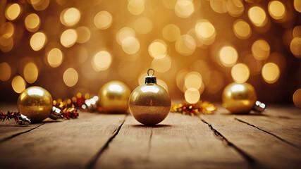 Christmas Ornaments on a Wooden Table with a Golden Glow