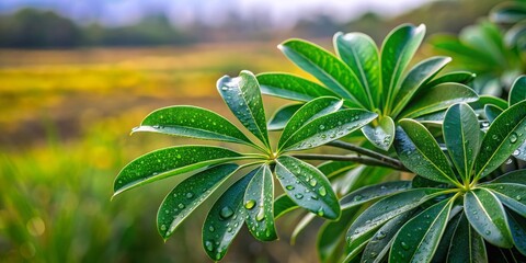 Obraz premium Lush Green Schefflera Foliage Glistening with Water Droplets in a South African Landscape Under Soft Natural Light