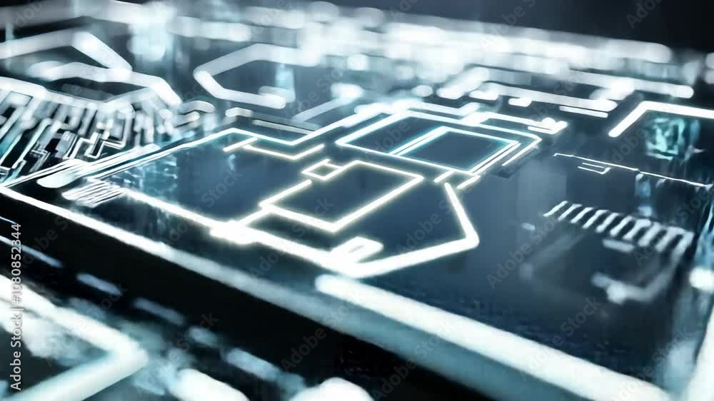 Poster glowing microchip sending data through optical fibers with light particles flowing. concept of futur