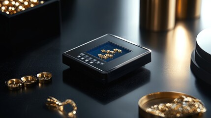 A digital scale displaying gold jewelry pieces for weighing.