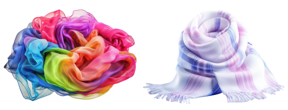 Colorful Silk Scarf and White Plaid Scarf for Fashion and Accessory Design on transparent background - Powered by Adobe