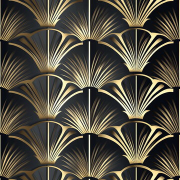 Seamless pattern art deco flapper speakeasy style background wallpaper gold and black gradient geometric feathered design repeating dynamic ornate and intricate flashy bold architectural