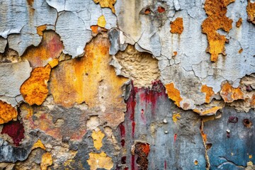 Distressed Surface of an Old Outdoor Building Wall with Flaking Paint and Vibrant Color Patterns Reflecting Years of Weathering and Wear