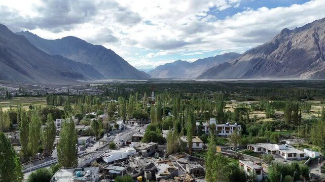 Aerial Drone shot of green nubra Valley in ladakh