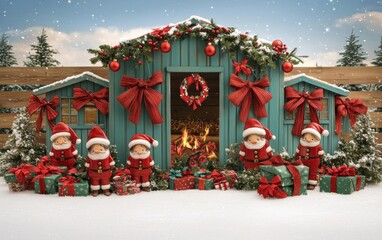 Fototapeta premium Festive Christmas fireplace Winter and Christmas holidays background , isolated on white background, , copy space, copy space for text,
