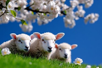 Fototapeta premium Sheep grazing on a hillside surrounded by blooming flowers, idyllic spring countryside