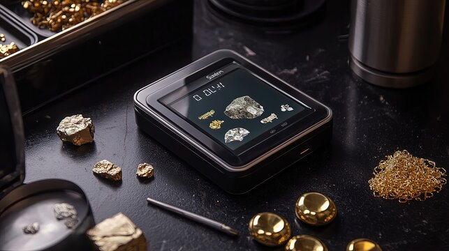 A digital scale displays gold pieces for weighing and valuation.