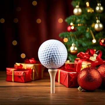 Golfing holiday gifting concept, presents and tree with golf ball on tee