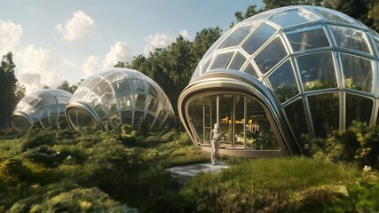 Astronaut in a white space suit enters a futuristic geodesic greenhouse nestled in a forest, showcasing a blend of advanced technology and nature's beauty - Powered by Adobe