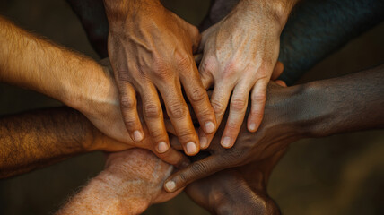 United hands symbolize unity and collaboration, showcasing diverse skin tones and textures. This image captures essence of togetherness and teamwork