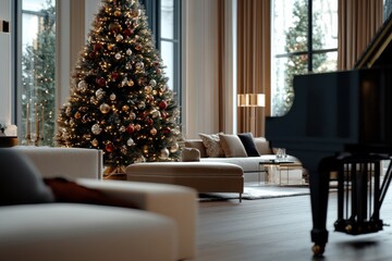 Obraz premium A stylish and spacious living area showcases a grand Christmas tree and sleek grand piano, with large windows allowing natural light to spill into the luxurious setting.