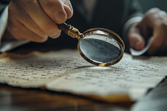 forensic handwriting expert studying a letter with a magnifying glass in a modern lab
