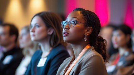 Obraz premium Engaged Audience Listening Attentively During a Professional Event with Focused Expressions Captured in a Well-Lit Setting
