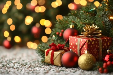 Obraz premium hyper realistic photo of rustic wood table in front of christmas light night