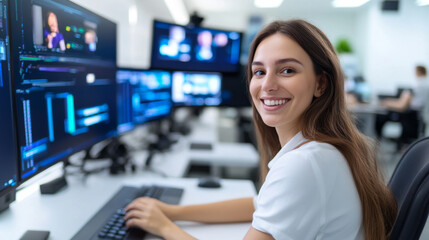 A young woman smiles while working at computer in modern office environment, surrounded by multiple screens displaying data and graphics. Her expression conveys confidence and engagement in her work
