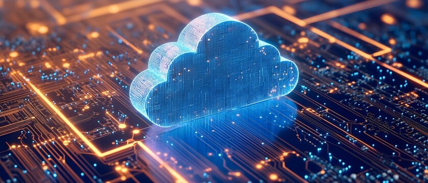 A glowing digital cloud symbol over a circuit board, representing cloud computing and data storage technology. Concept Digital Cloud Symbol, Circuit Board Design, Cloud Computing Concept