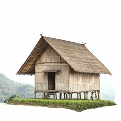 A bamboo house with a thatched roof stands in a