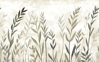 Fototapeta premium Delicate green foliage silhouetted on a light textured background, creating a serene natural atmosphere in a modern space