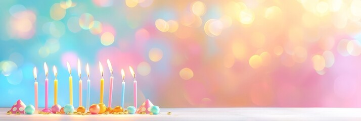 Lit pastel birthday candles on a light background with colorful bokeh, celebrating a festive occasion.