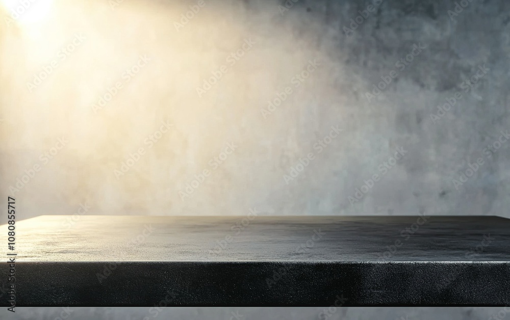 Poster a minimalistic black tabletop in a studio with soft lighting and subtle fog creating an atmospheric 