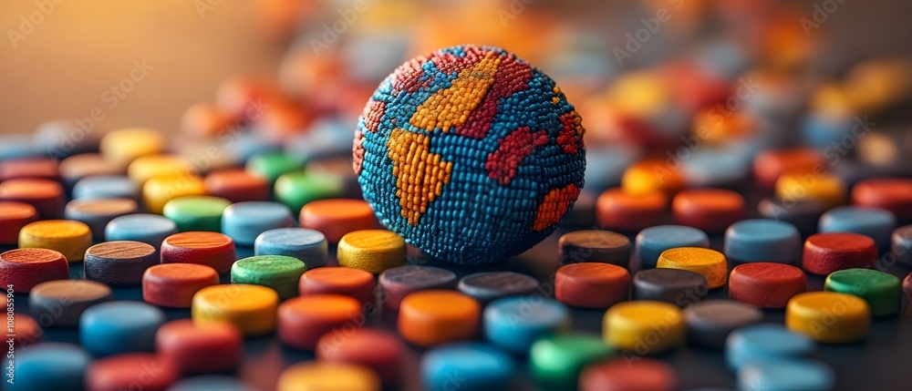 Fototapete colorful bead globe surrounded by vibrant round beads representing global diversity and unity throug