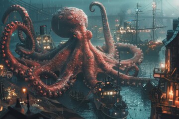 Obraz premium Giant octopus with massive tentacles stretching across the port, wrapping around ships and bridges