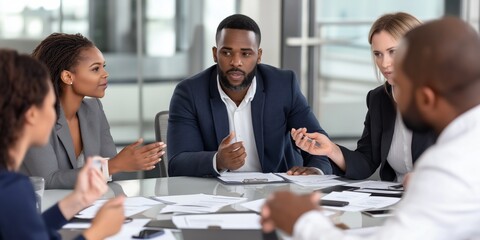 A diverse group of professionals is in a strategic meeting, brainstorming, enhancing communication, fostering innovation, demonstrating leadership, negotiating, networking, and promoting teamwork