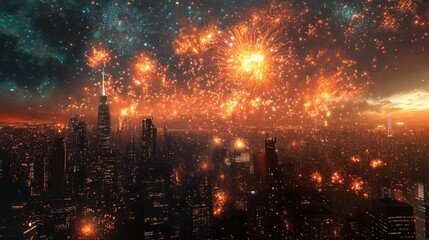 Fototapeta premium Spectacular fireworks display over a city, illuminating the skyline with bright, colorful explosions