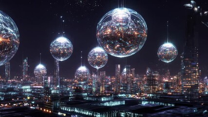 Glowing spheres with network connections hover above a futuristic city, illuminating the night sky and showcasing advanced technology in a vibrant urban landscape - Powered by Adobe