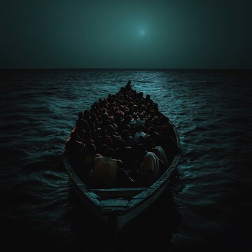 Silent Journey Migrants in a Moonlit Pirogue