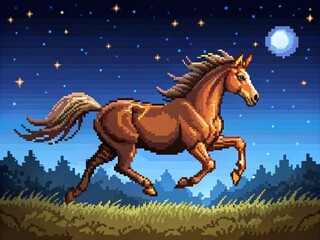 Fototapeta premium Majestic Running Horse in Night Sky, Captured in Artistic Pixel Style with Stars and Moon, Perfect for Creative Projects and Illustrations