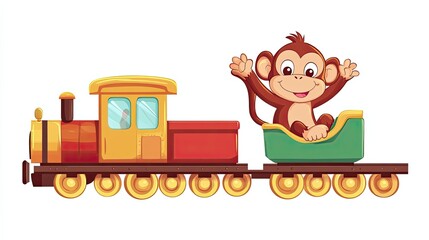 A cartoon monkey riding a colorful toy train