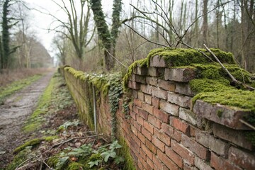 A crumbling brick wall with a moss-covered frame of lichen and moss, neglect, foliage