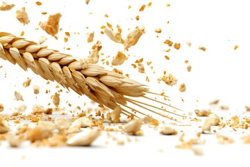 Close-Up of a Wheat Spikehead Breaking Apart with Crumbling Oats and Flour, Isolated on a White Background, Capturing the Essence of Grain Harvesting and Milling