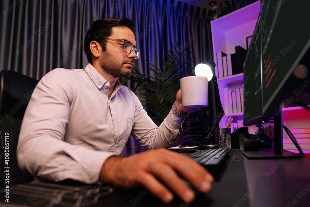 Poster smart it developer drinking coffee cup while working in software development coding on pc screen, pr