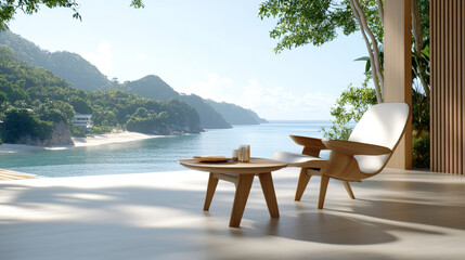 A serene outdoor scene featuring modern chair and table overlooking tranquil beach and lush mountains. bright sunlight enhances peaceful atmosphere, inviting relaxation