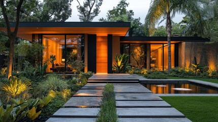 Fototapeta premium Modern home with lush landscaping and ambient lighting at dusk.