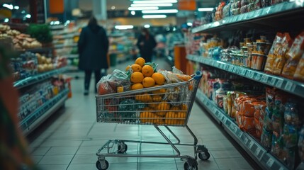 Shopping Cart Filled with Fresh Produce in Supermarket Aisle