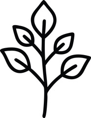 Simple Leafy Branch Outline Icon, Black and white outline illustration of a branch with five simple leaves, showcasing a minimalistic and natural design.
