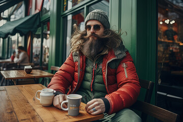 Man with a beard sits at a table with a cup of hot coffee. Cold season and hot drink