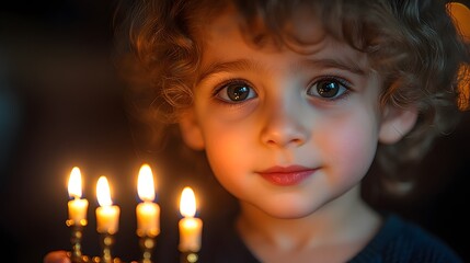 Warm portrait of a young boy celebrating Hanukkah with glowing candles and deep reflection