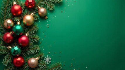 New Year's garland of Christmas balls, tinsel, snowflakes on a Christmas background