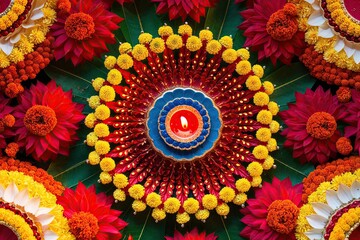 Aerial Floral Arrangement for Diwali Diya in Vibrant Red and Yellow Colors for Cultural Celebration