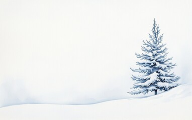 Fototapeta premium Snow-covered pine tree stands alone on a winter landscape with fog in the distance during early morning light