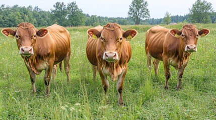 Fototapeta premium Three Brown Cows in a Field