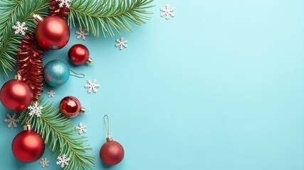 New Year's garland of Christmas balls, tinsel, snowflakes on a Christmas background