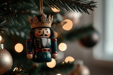 A traditional nutcracker king with intricate details and a golden crown sits elegantly among twinkling lights on a beautifully decorated Christmas tree.