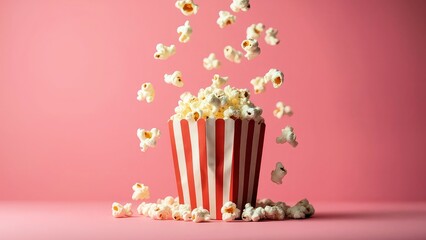 Vibrant illustration of popcorn bursting out of a paper bag, floating in mid-air against a bright pink background, evoking a fun cinema and movie theater vibe