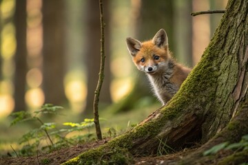 Obraz premium Adorable fox cub peeking out from behind a tree branch, woodland animal, cute animal, natural scenery