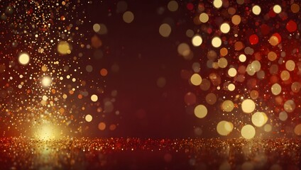 A dark red background with golden and red sparkles and lights. A bright light source is in the center.

